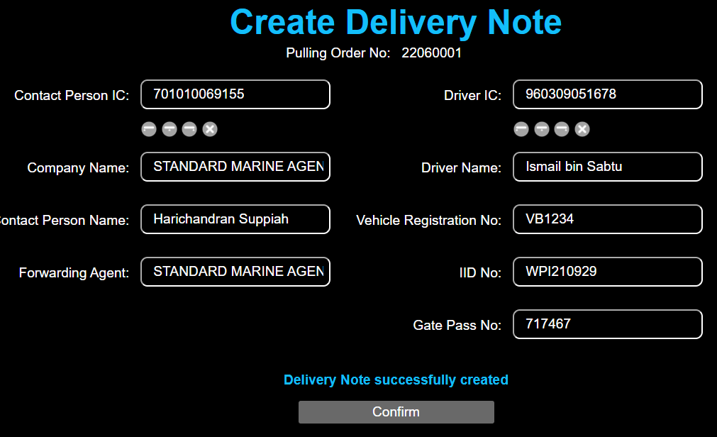 Create Delivery Note populated page