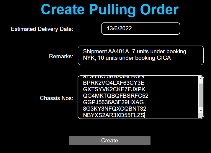 Create Pulling Order Populated page