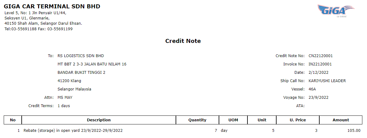 A sample credit note