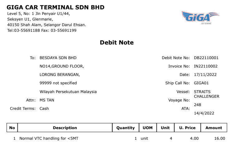 A sample debit note