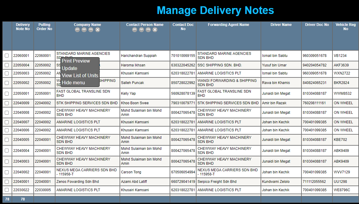Manage Delivery Notes page