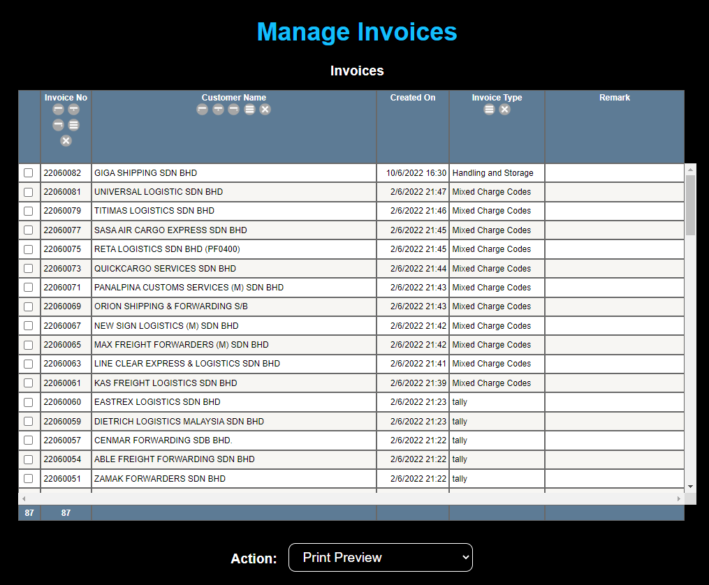Manage Invoices Print Preview