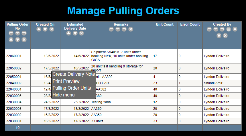 Manage Pulling Orders page