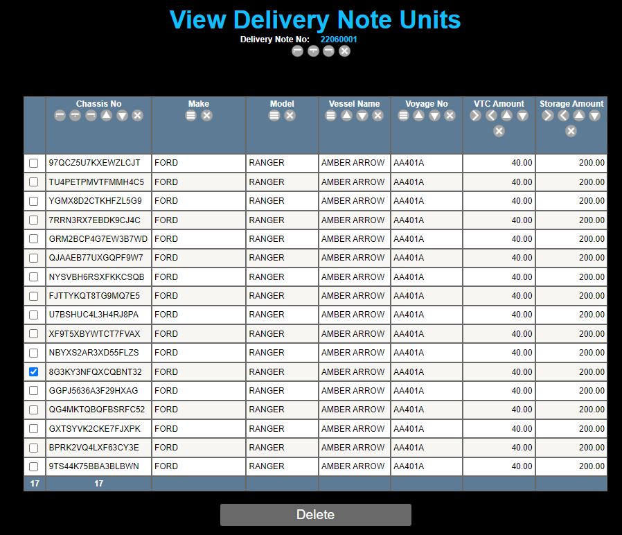 View Delivery Note Units page