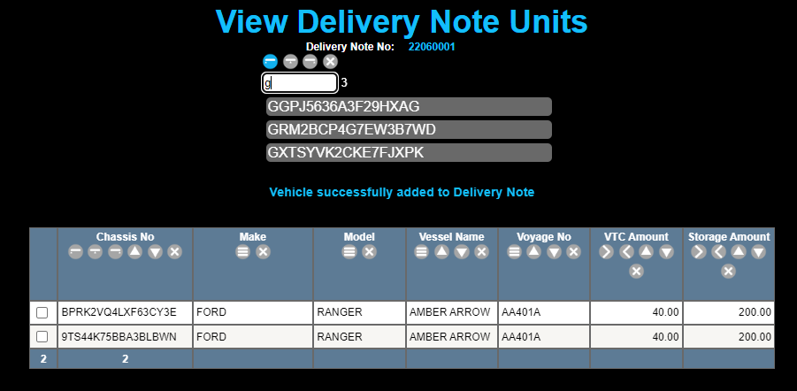 View Delivery Note Units page